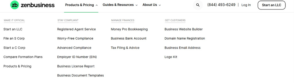 Zenbusiness pricing page showing all the details about product and pricing